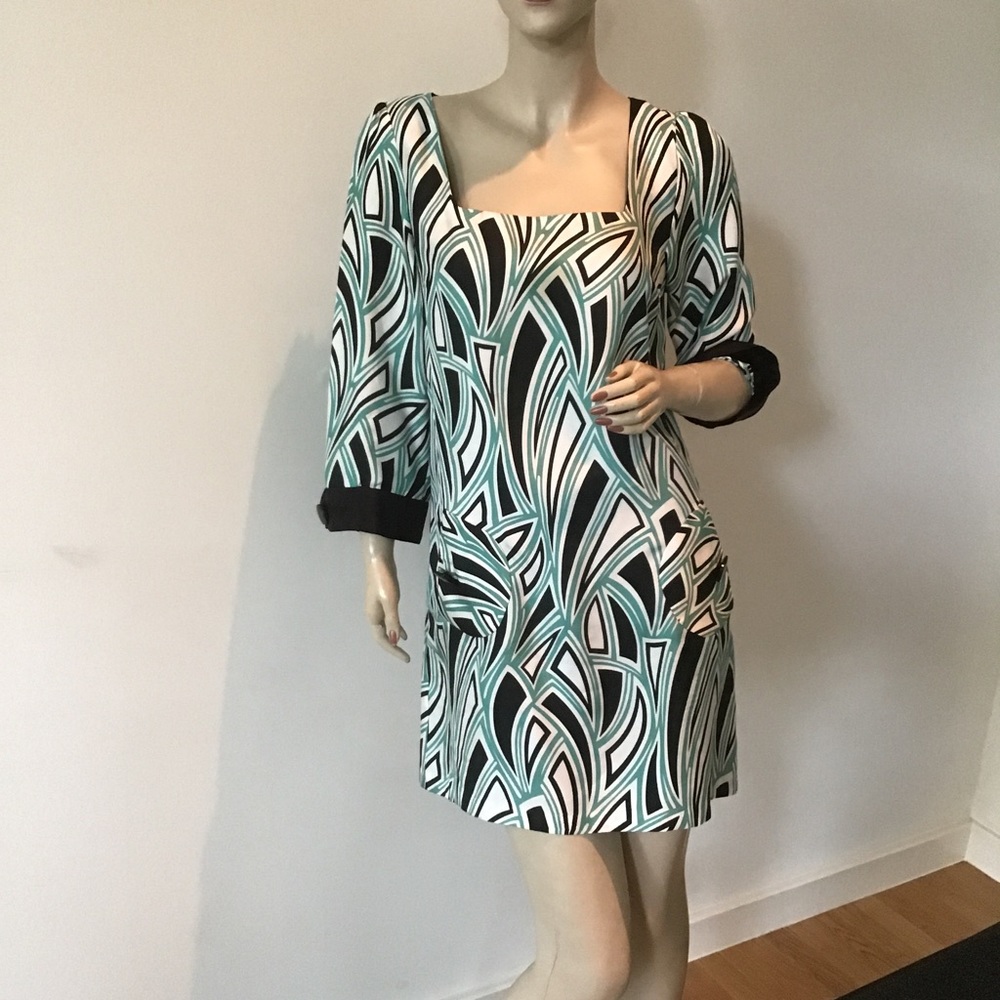 Tibi Green Black White Graphic Mod Silk Mini Dress 6‎